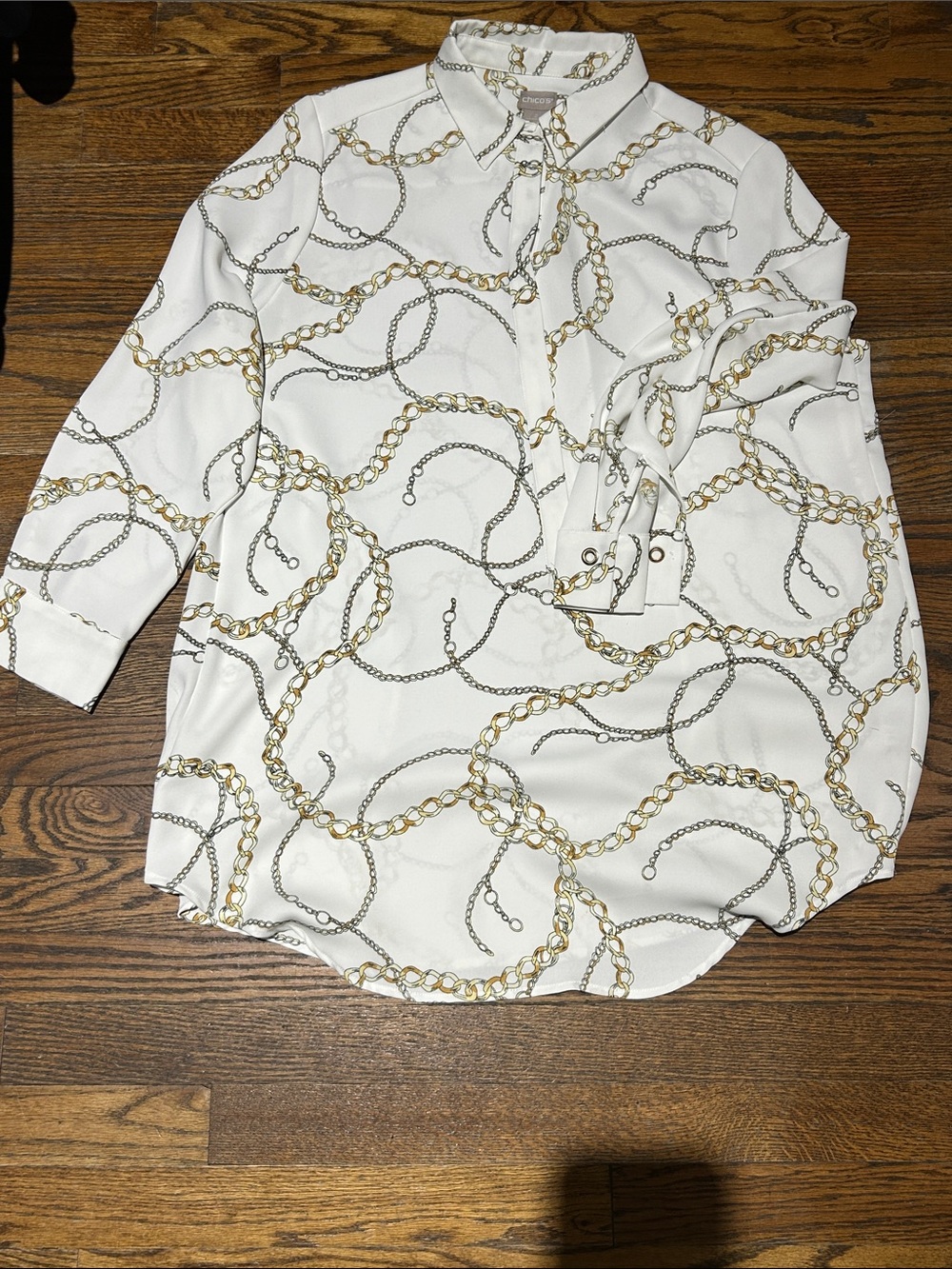 Chico's White Blouse with Gold & Gray Chain Print